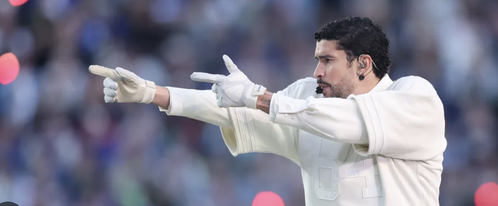 Bad Bunny performing during the Super Bowl Halftime Show
