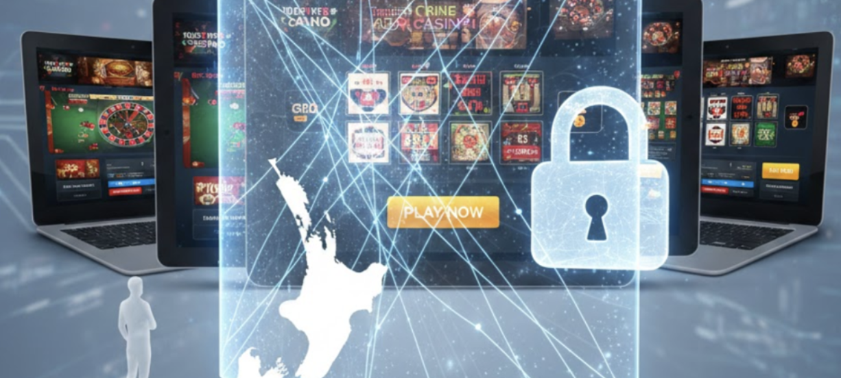 Online casinos behind a lock and New Zealand map with man standing in front