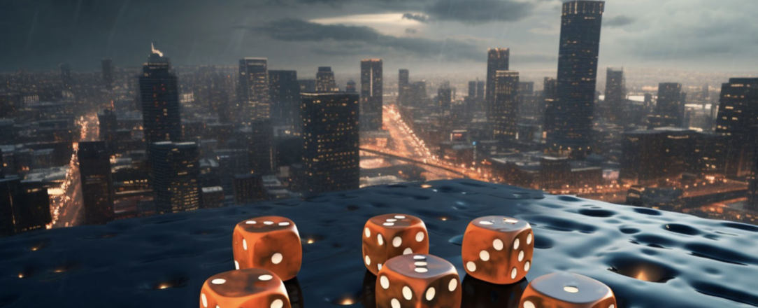 Dice in front of a city skyline