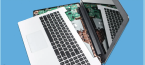 Opening up the inside of a laptop to see components exposed